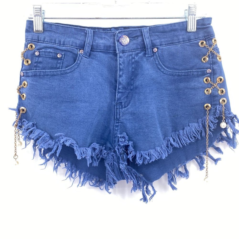 Denimland cut off side lace denim shorts size small stretch gold tone chain side